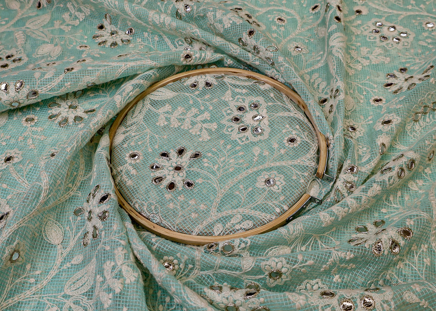 Sea Green Cotton Kota Fabric with All Over Kotadoria Work of Thread and Faux Mirror 17936