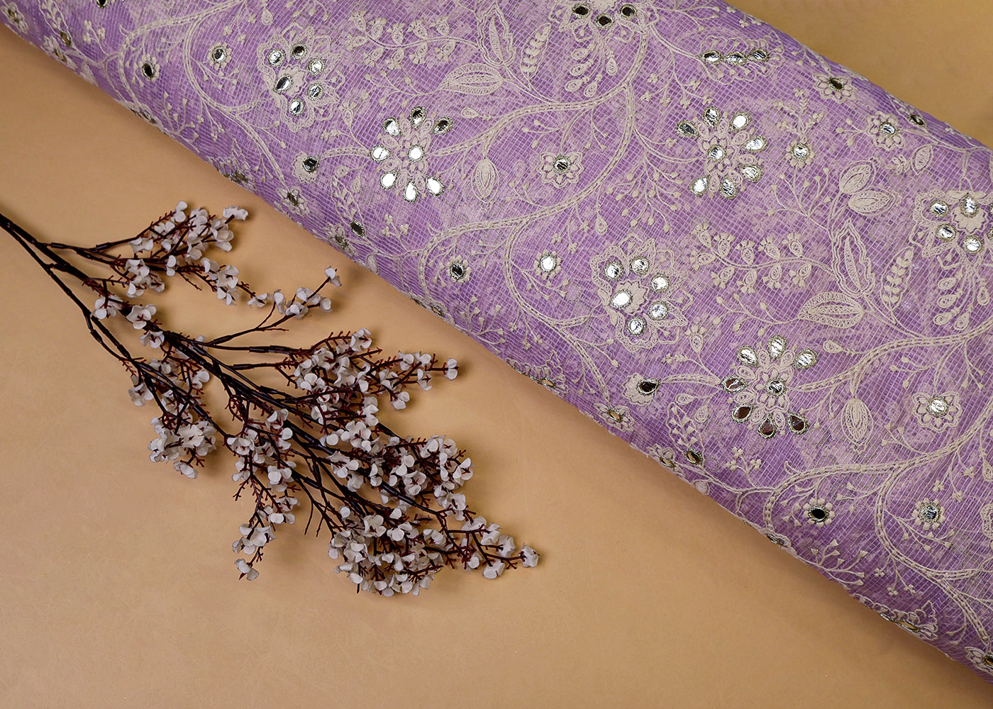 Lavender Cotton Kota Fabric with All Over Kotadoria Work of Thread and Faux Mirror 17940