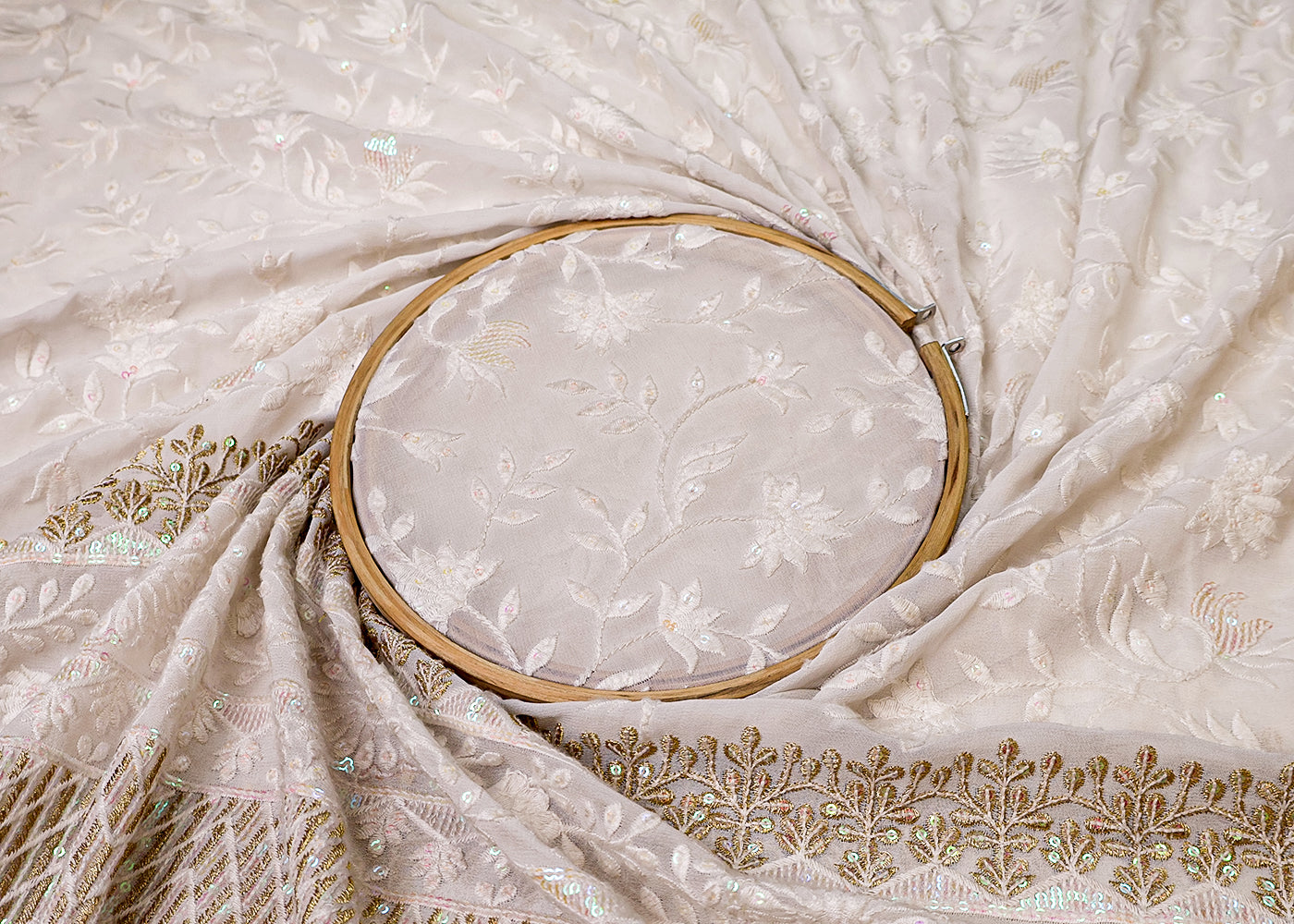 White Georgette Fabric with All-Over Thread And Sequins Work with Heavy Border 17946