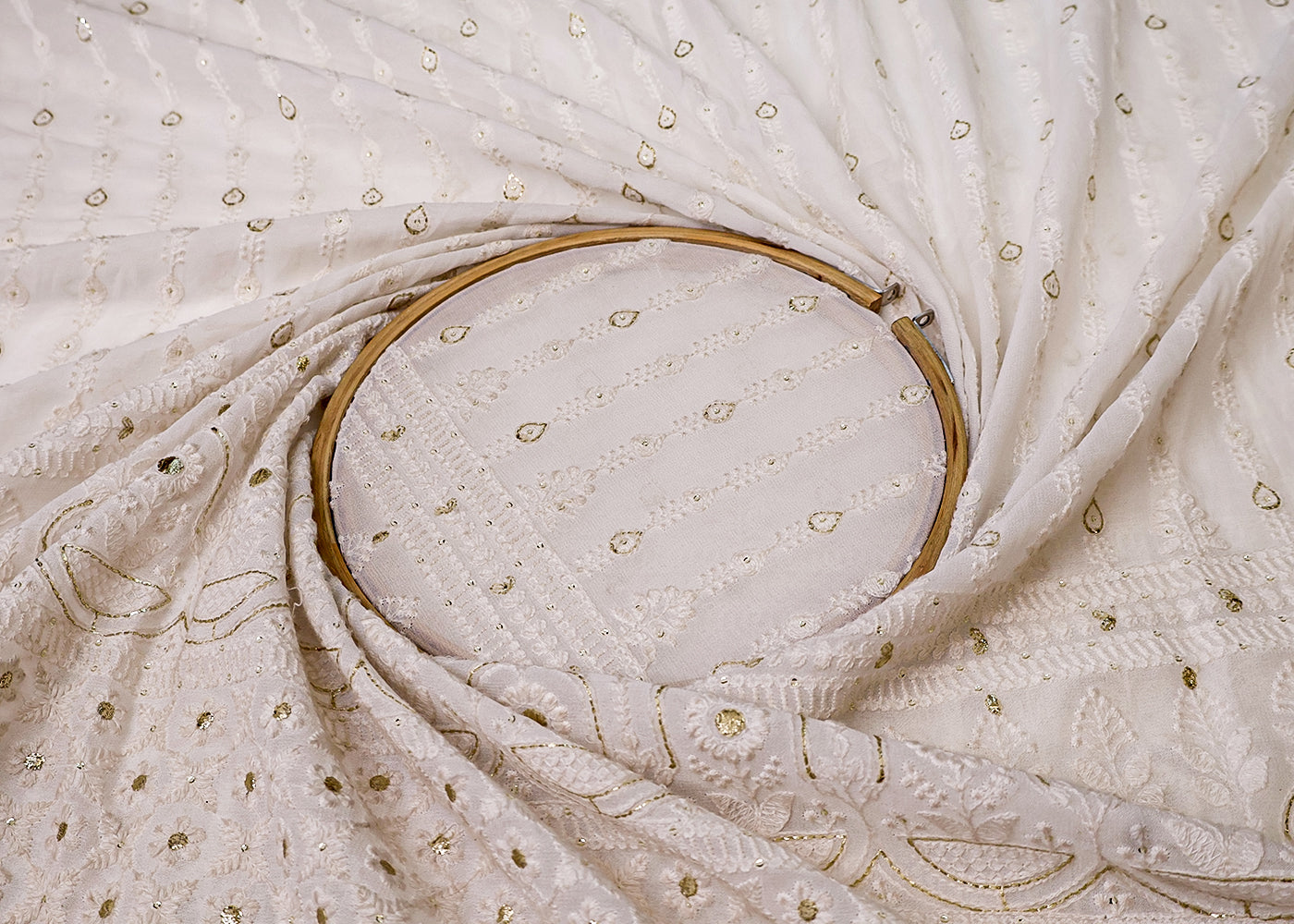 White Georgette Fabric with All-Over Thread And Sequins Work with Heavy Border 17947