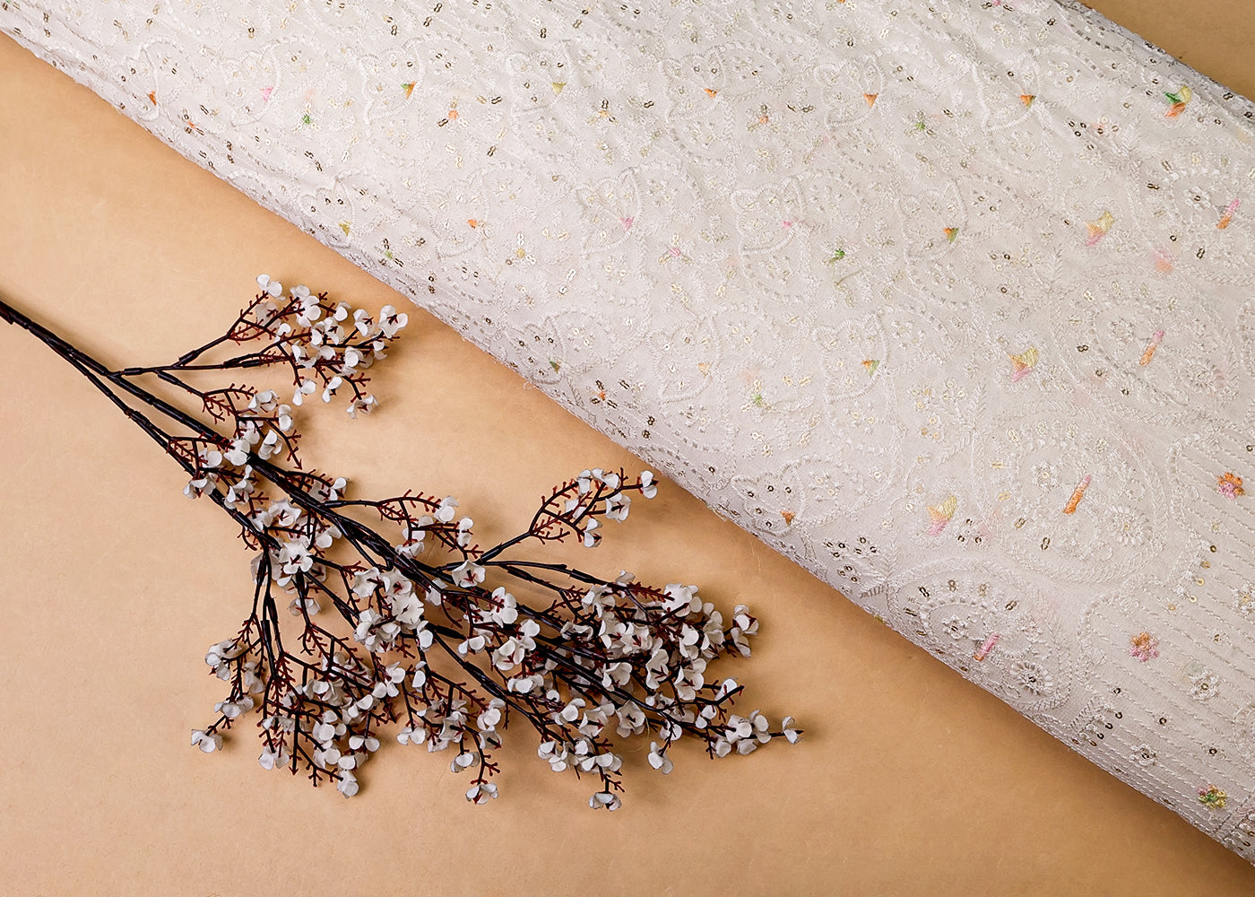 White Georgette Fabric with All-Over Thread And Sequins Work with Heavy Border 17951