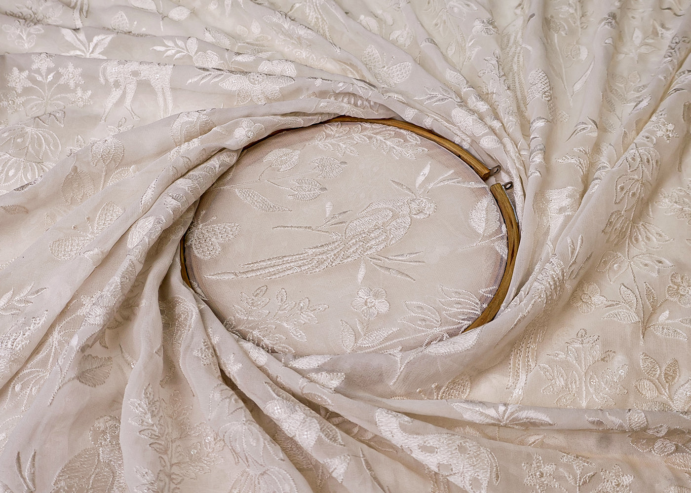 White Georgette Fabric with Border of Parsi Work with Thread And Sequins 17954