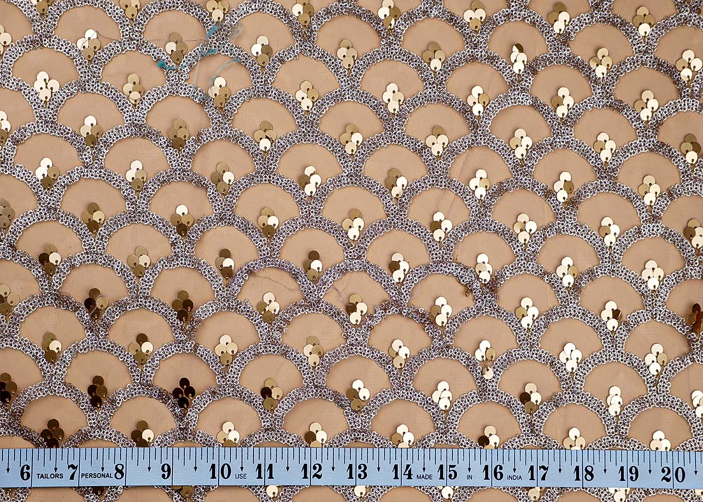 ( Pre-Cut 3 MTR) Light Tan Imported Net Fabric With All Over Sequins Work