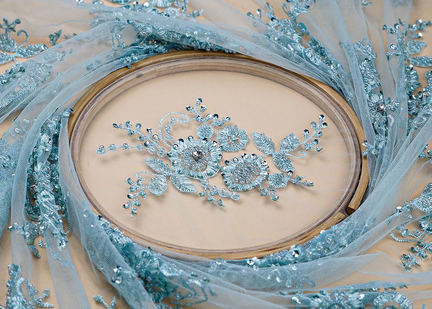 ( Pre-Cut 1.85 MTR) Light Blue Imported Net Fabric With All Over Thread Sequins And Bead Work 18008