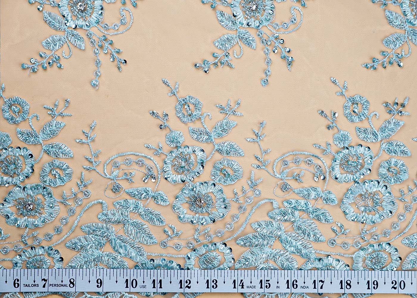 ( Pre-Cut 1.85 MTR) Light Blue Imported Net Fabric With All Over Thread Sequins And Bead Work 18008
