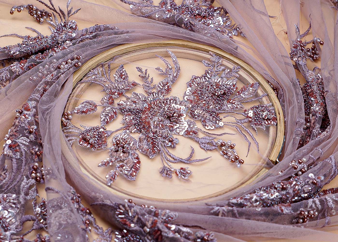 ( Pre-Cut 2.4 MTR) Onion Imported Net Fabric With All Over Thread Pearl Sequins And Bead Work With One Side Scalloped Border
