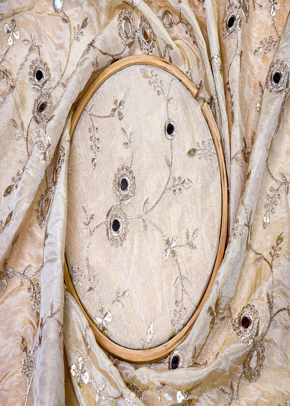 (Pre-Cut-2.75-MTR)-Golden-Tissue-Fabric-With-All-Over-Sequins,-Thread-And-Faux-Mirror-Work-18018
