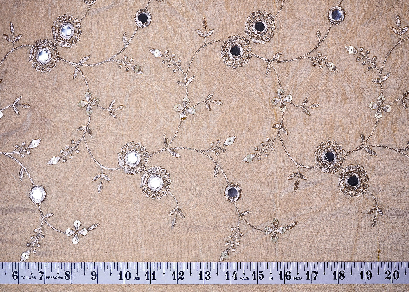 ( Pre-Cut 2.75 MTR) Golden Tissue Fabric With All Over Sequins, Thread And Faux Mirror Work  18018