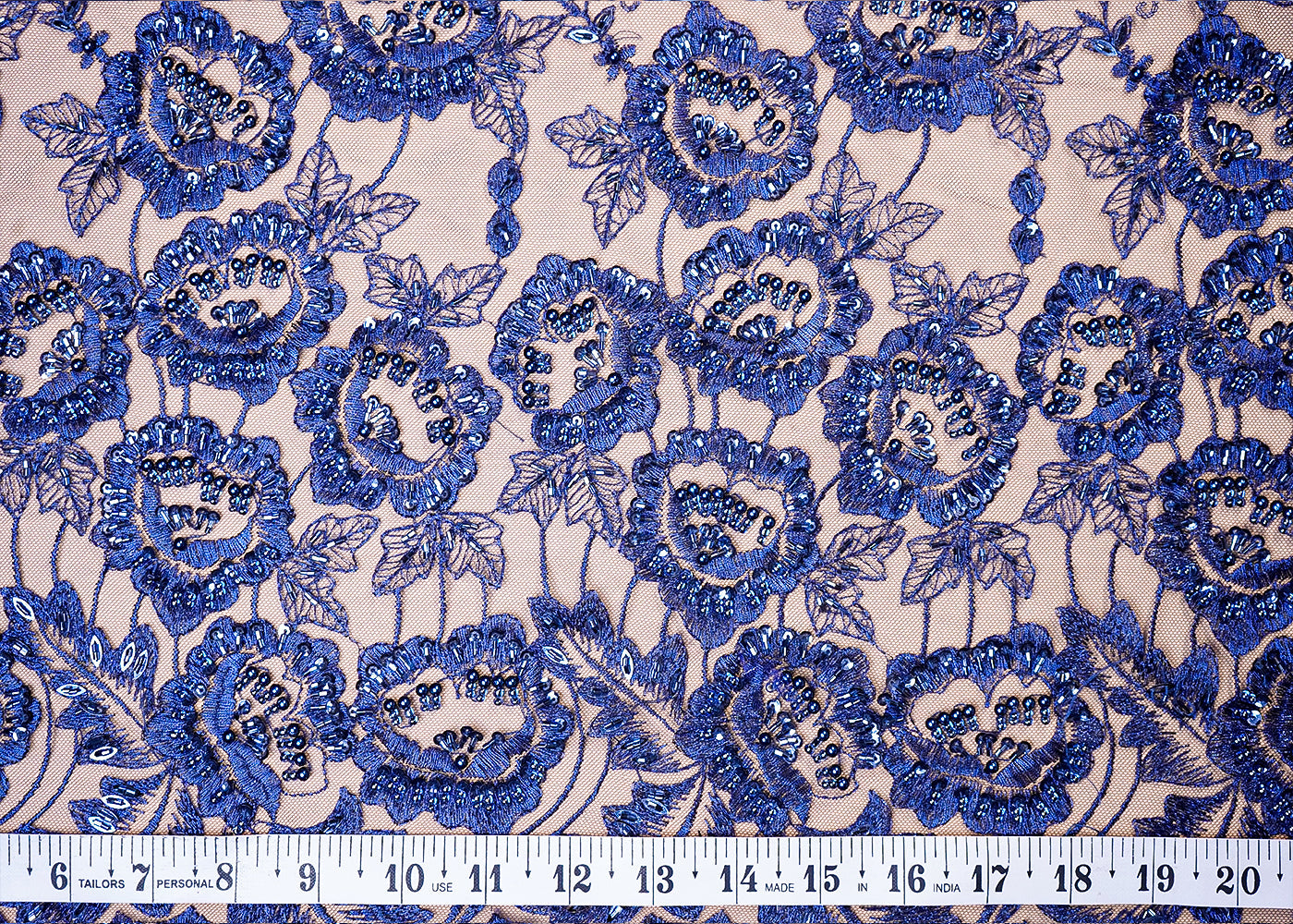 ( Pre-Cut 2.1 MTR) Navy Blue Imported Net Fabric With All Over Thread, Sequins, Katdana And Bead Work With One Side Heavy Border 18019