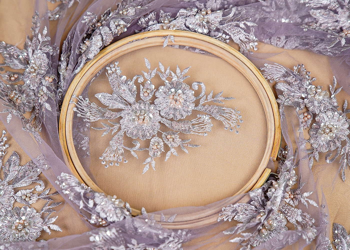 ( Pre-Cut 1 MTR) Lavender Imported Net Fabric With All Over Thread, Sequins And Bead Work With Two Side Border 18020