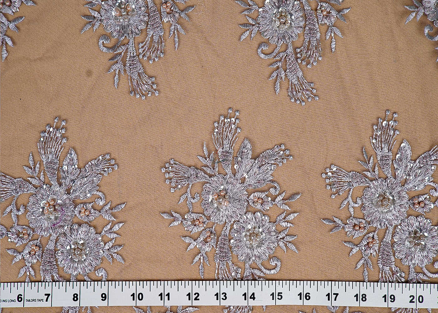 ( Pre-Cut 1 MTR) Lavender Imported Net Fabric With All Over Thread, Sequins And Bead Work With Two Side Border 18020
