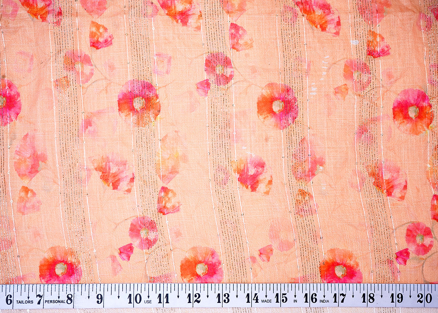 ( Pre-Cut 1 MTR) Orange Chanderi Fabric With All Over Floral Print With Zari And Sequins Work 18022