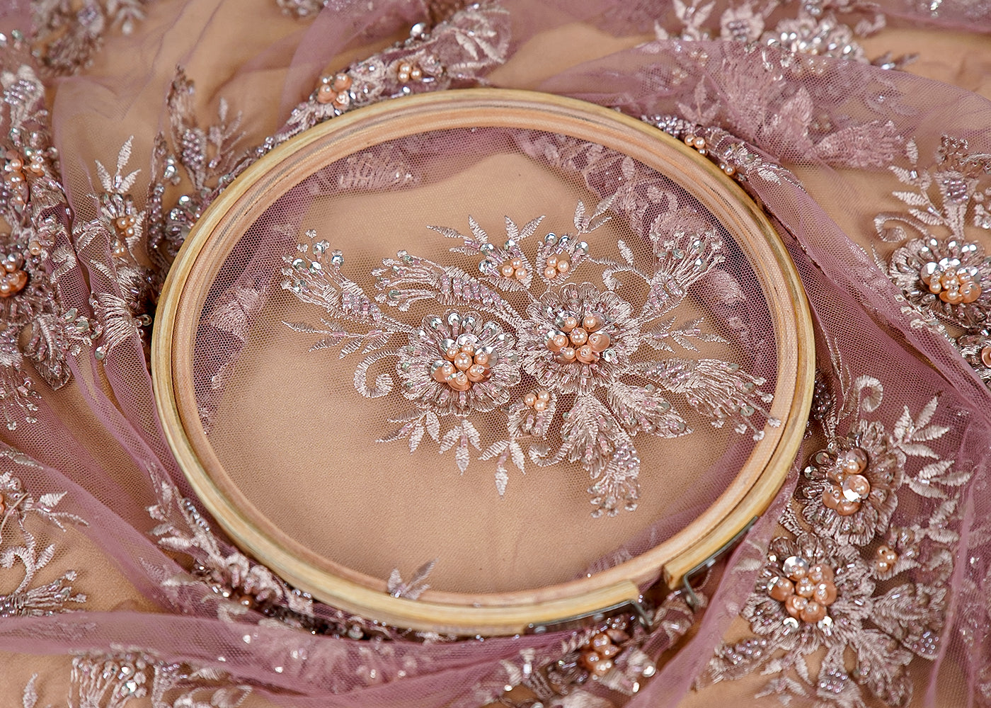 ( Pre-Cut 2.1 MTR) Blush Pink Imported Net Fabric With All Over Thread, Sequins And Bead Work With Two Side Border 18024