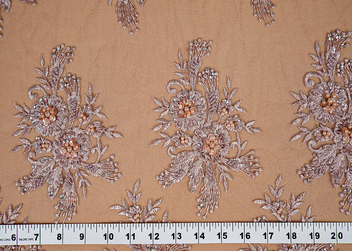 ( Pre-Cut 2.1 MTR) Blush Pink Imported Net Fabric With All Over Thread, Sequins And Bead Work With Two Side Border 18024