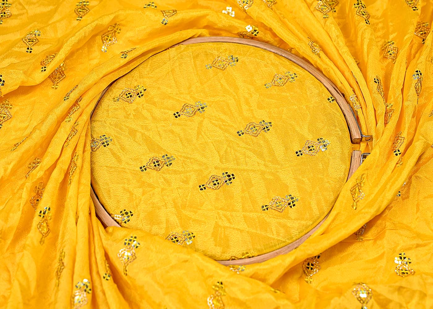 ( Pre-Cut 3.2 MTR) Yellow Chinon Chiffon All Over Sequins And Zari Work 18036