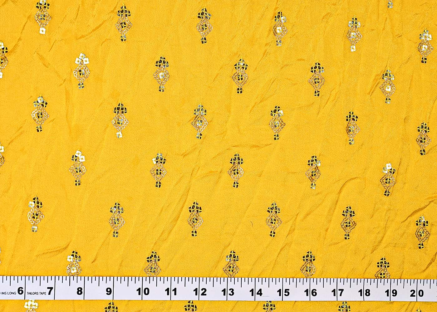 ( Pre-Cut 3.2 MTR) Yellow Chinon Chiffon All Over Sequins And Zari Work 18036