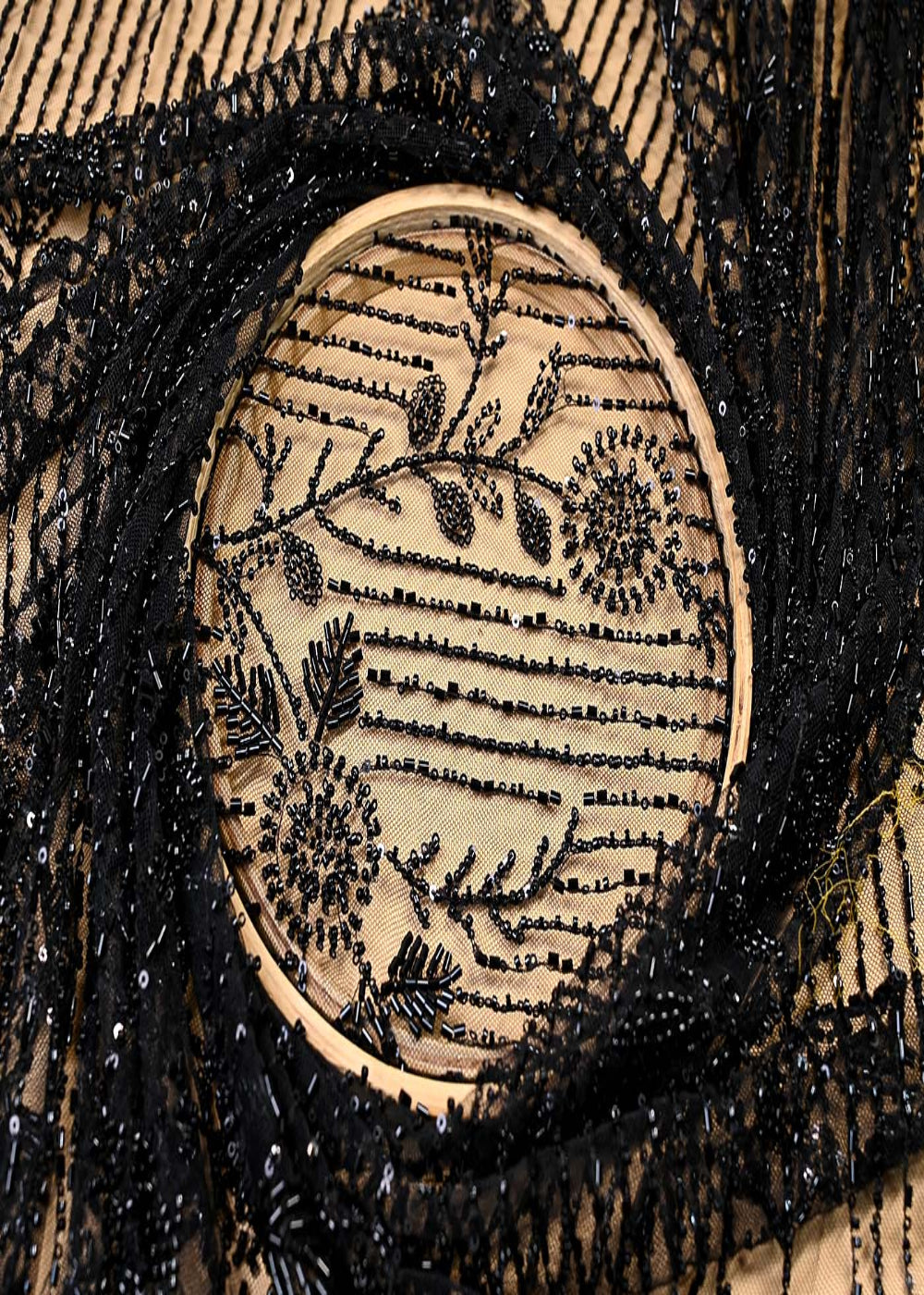 (Pre-Cut-1.55-MTR)-Black-Imported-Net-All-Over-Bead-And-Sequins-Work-With-One-Side-Scalloped-Border-18040