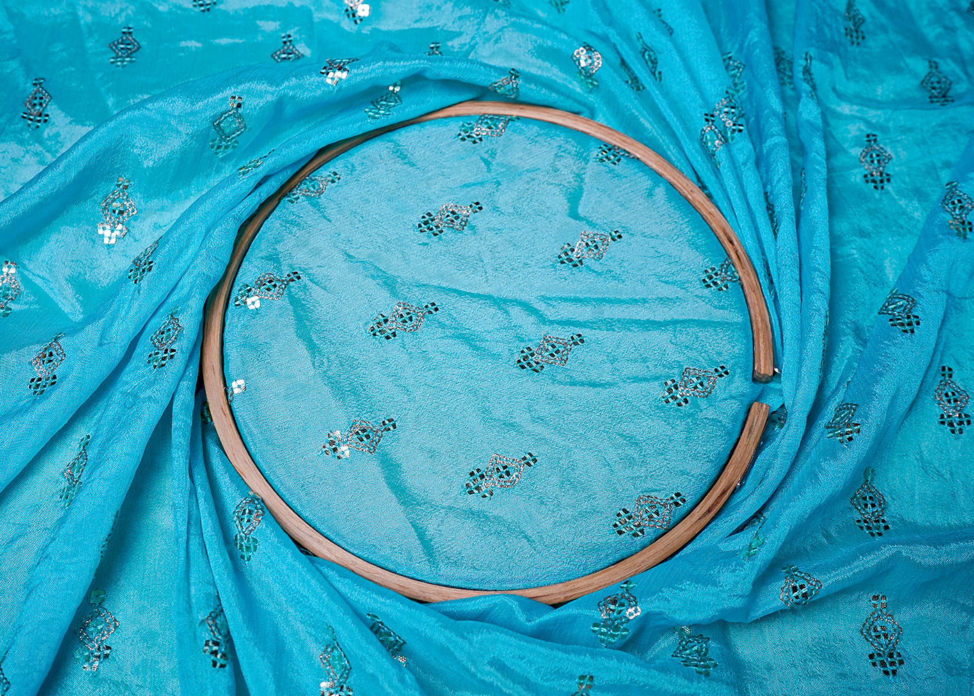 ( Pre-Cut 3.4 MTR) Sky Blue Chinon Chiffon Fabric With All Over Sequins Buti 18045
