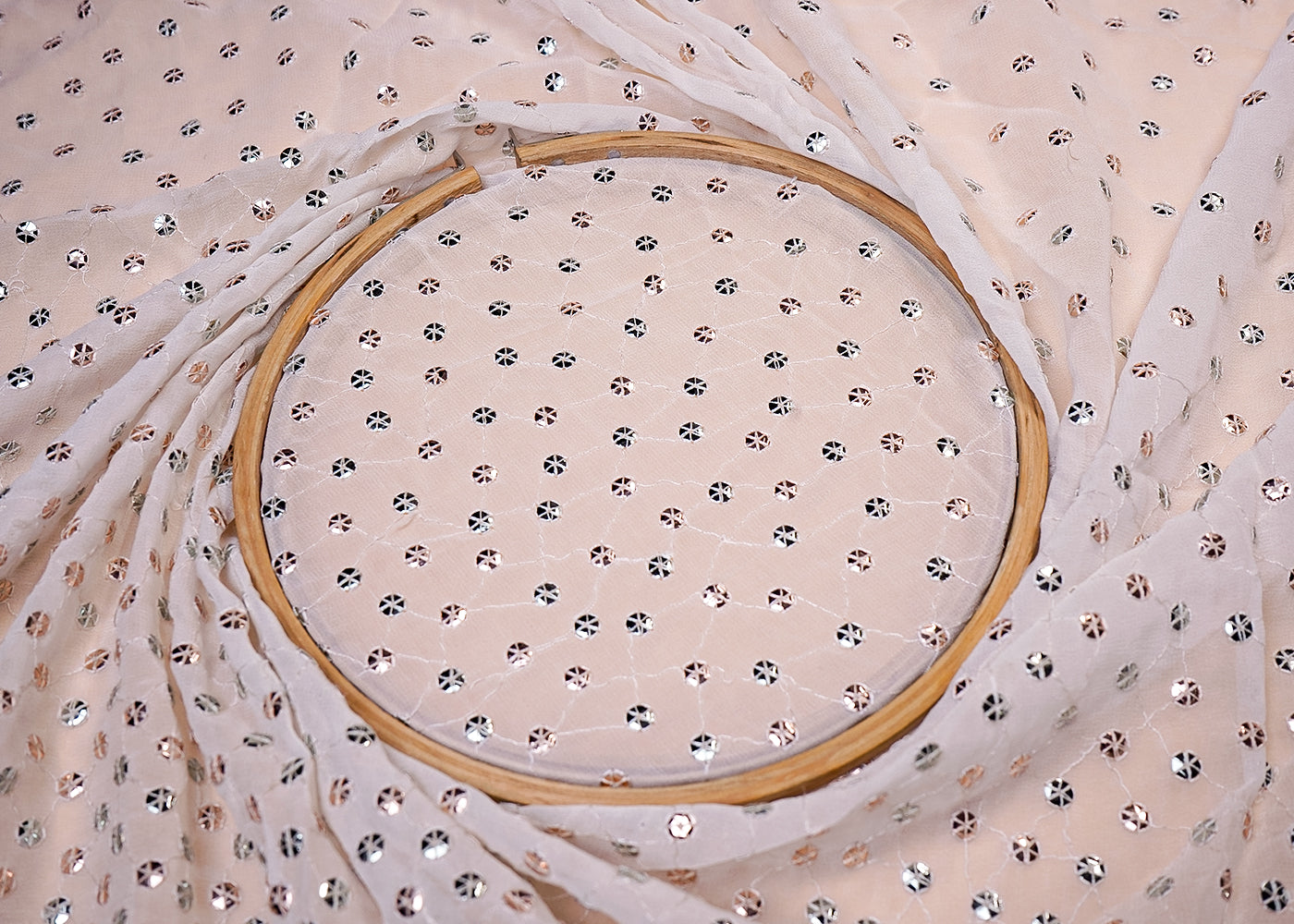 ( Pre-Cut 1.4 MTR) White Georgette Fabric With All Over Thread And Foil Work With One Side Border 18046