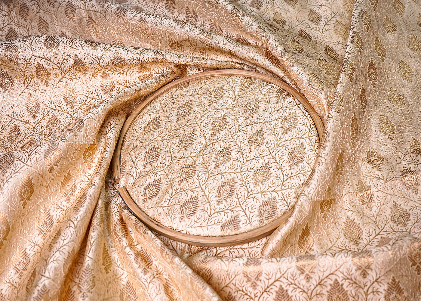 ( Pre-Cut 2.5 MTR) Golden Banarasi Brocade Fabric With All Over Traditional Work 18054