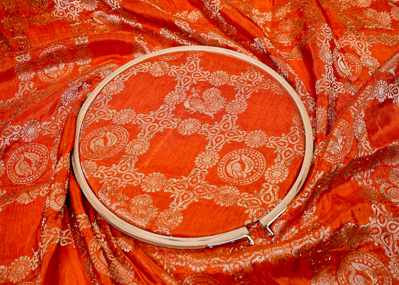 ( Pre-Cut 0.7 MTR) Orange Upara Silk Fabric With All Over Zari And Sequins Work With One Side Heavy Border 18055