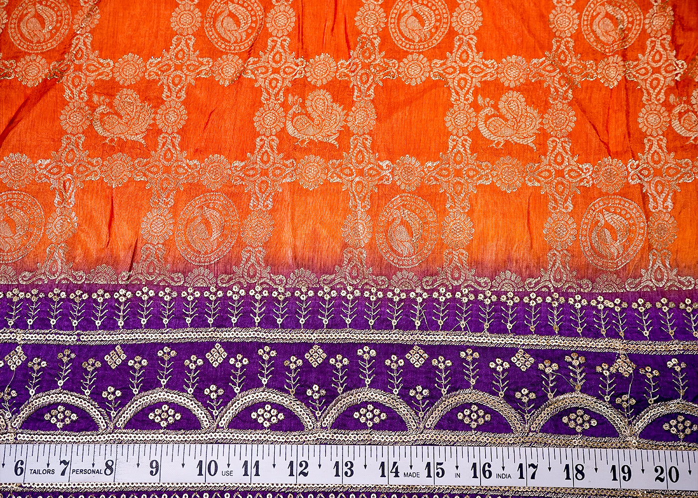 ( Pre-Cut 0.7 MTR) Orange Upara Silk Fabric With All Over Zari And Sequins Work With One Side Heavy Border 18055
