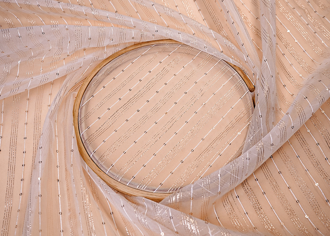(Pre-Cut 3.4 MTR) Off White Organza Fabric With All Over Thread, Sequins And Golden Zari Handloom 18063