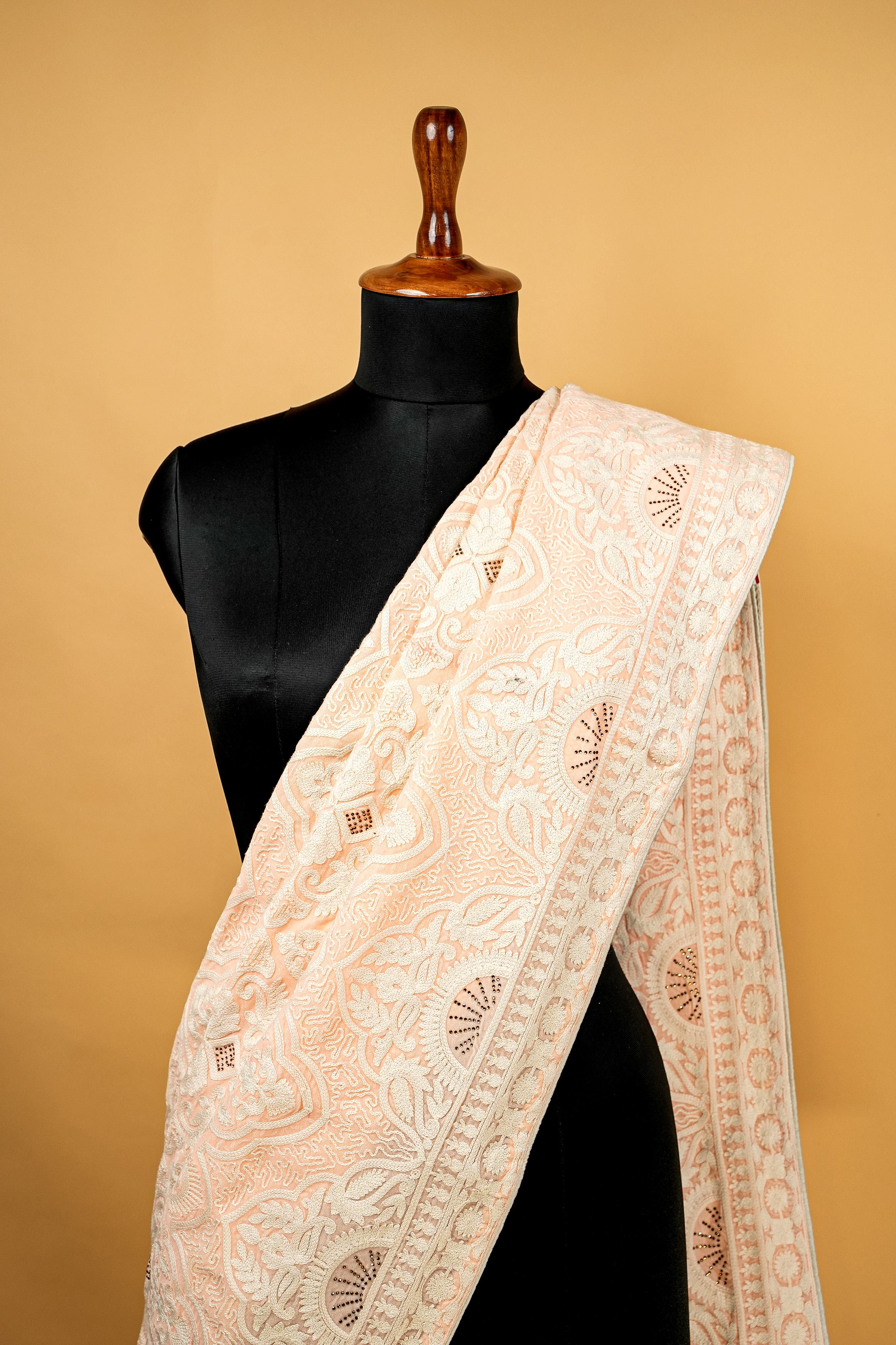 Light Peach with White Threadwork and Swaroski Work Allover with Border