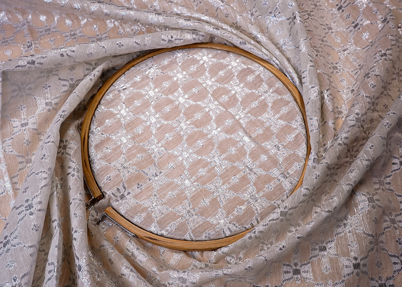 ( Pre-Cut 2.35 MTR) White Chanderi Fabric With All Over Silver Zari Handloom 18072