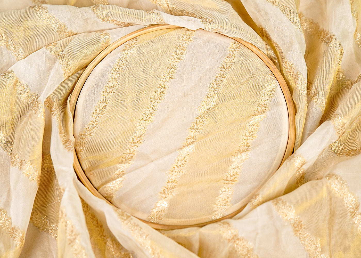 (Pre-Cut 1.2 MTR) Off White Organza Tissue Fabric With All Over Golden Zari Handloom 18074