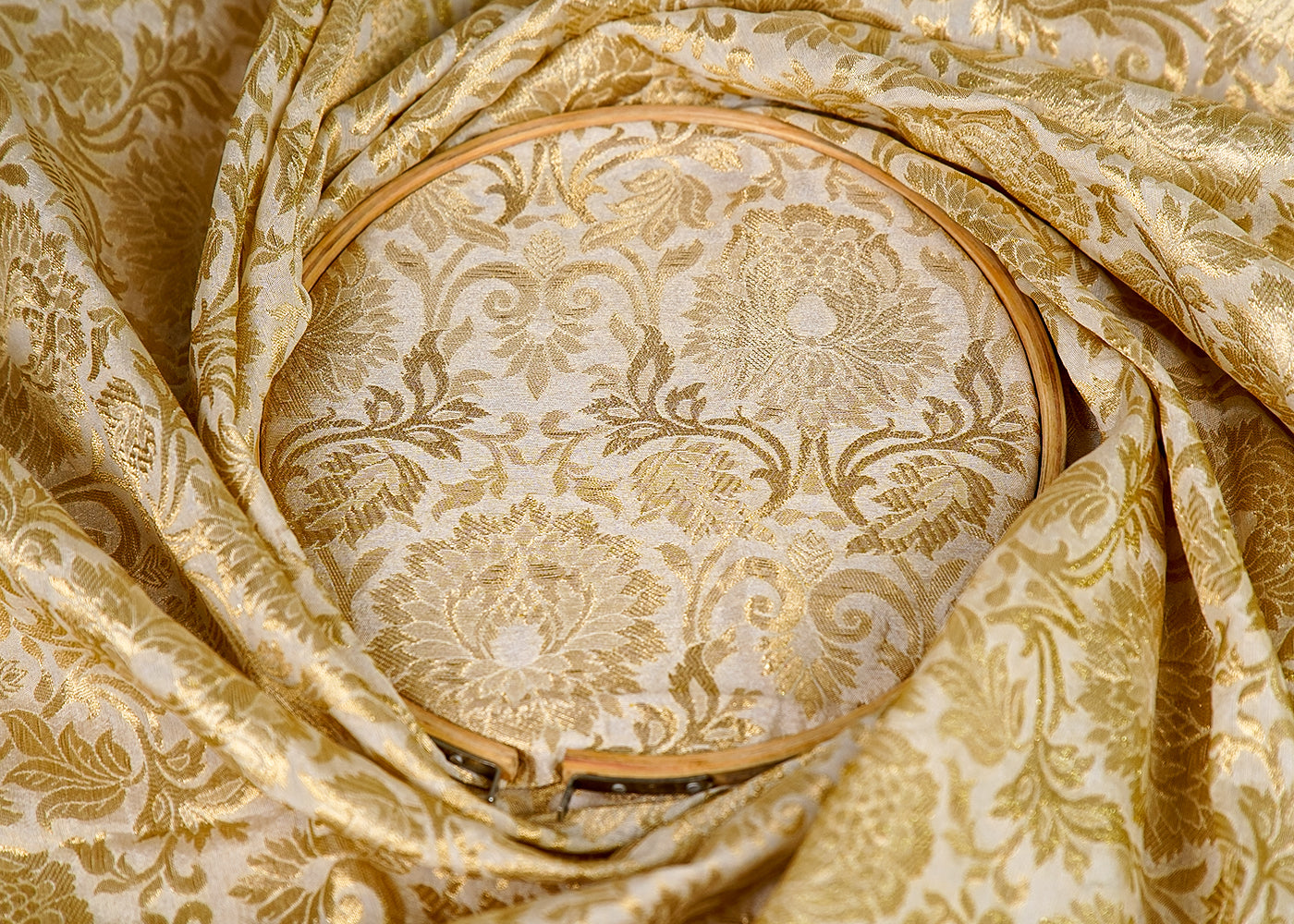 (Pre-Cut 1.7 MTR) Off White Banarasi Brocade Fabric With All Over Golden Zari Handloom 18076