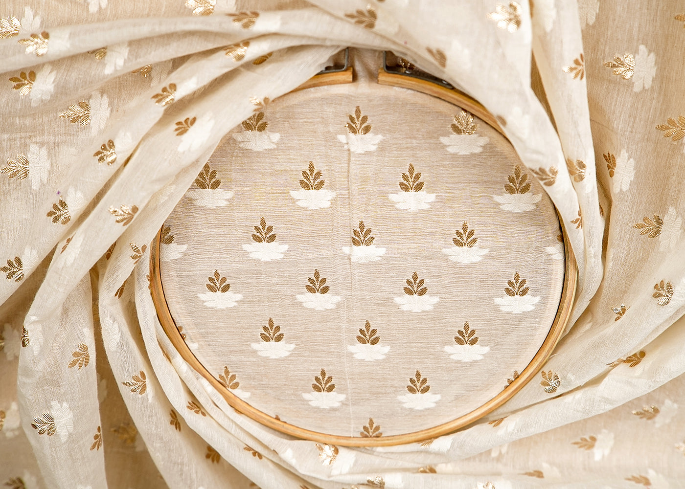 (Pre-Cut 3.2 MTR) Off White Chanderi Fabric With All Over Thread And Golden Zari Handloom 18083