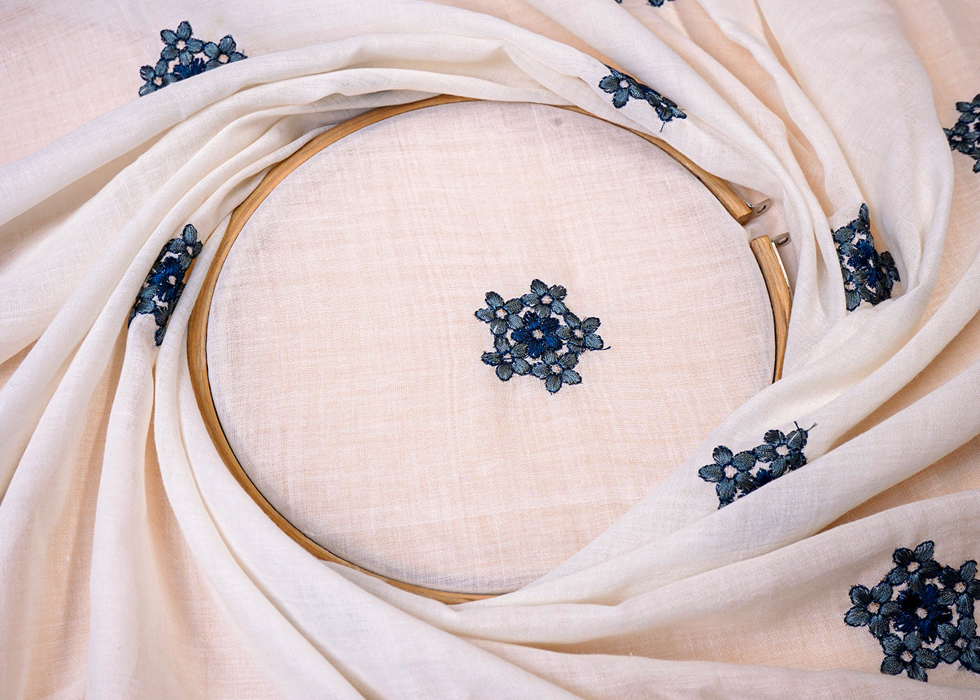 ( Pre-Cut 3.2 MTR) Off White Cotton Fabric With All Over Threadwork With Two Side Border 18091