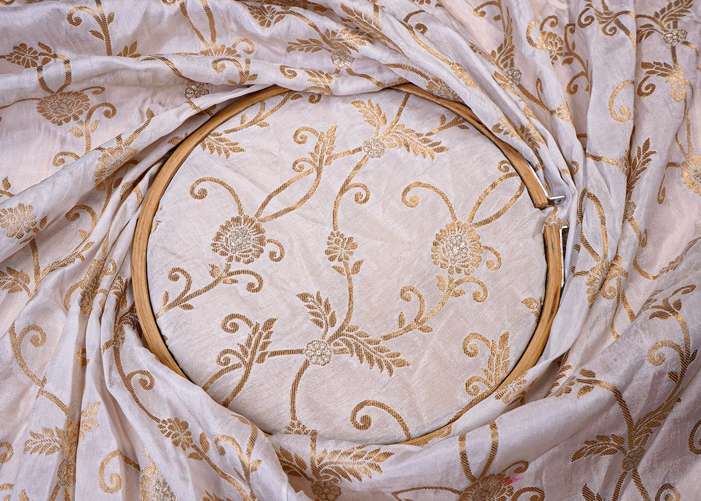 ( Pre-Cut 1.8 MTR) White Upara Silk Fabric With All Over Golden Zari Handloom 18093