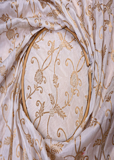 ( Pre-Cut 1.8 MTR) White Upada Silk Fabric With All Over Golden Zari Handloom 18093