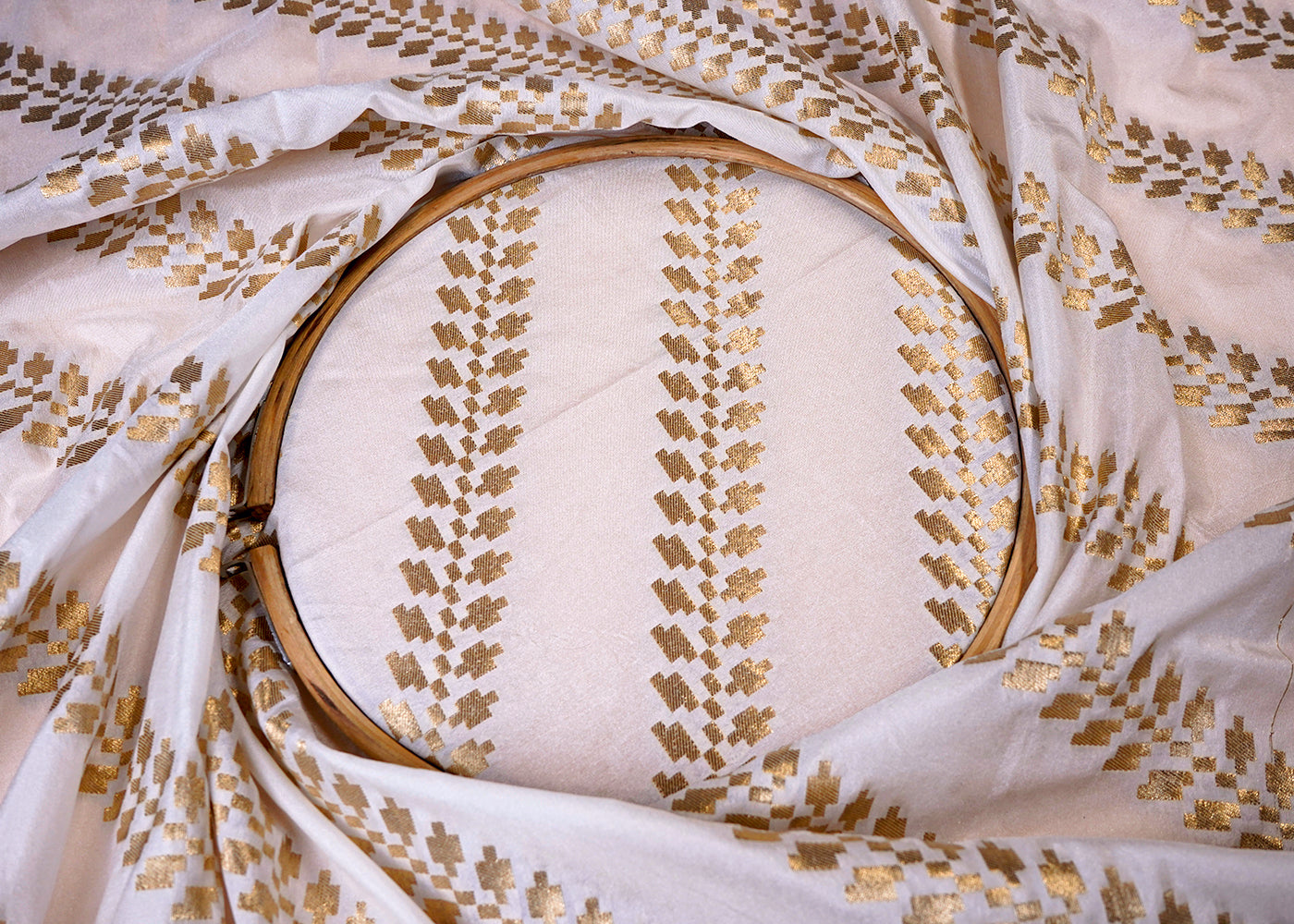 ( Pre-Cut 2.1 MTR) White Banarasi Brocade Fabric With All Over Golden Zari Handloom 18095