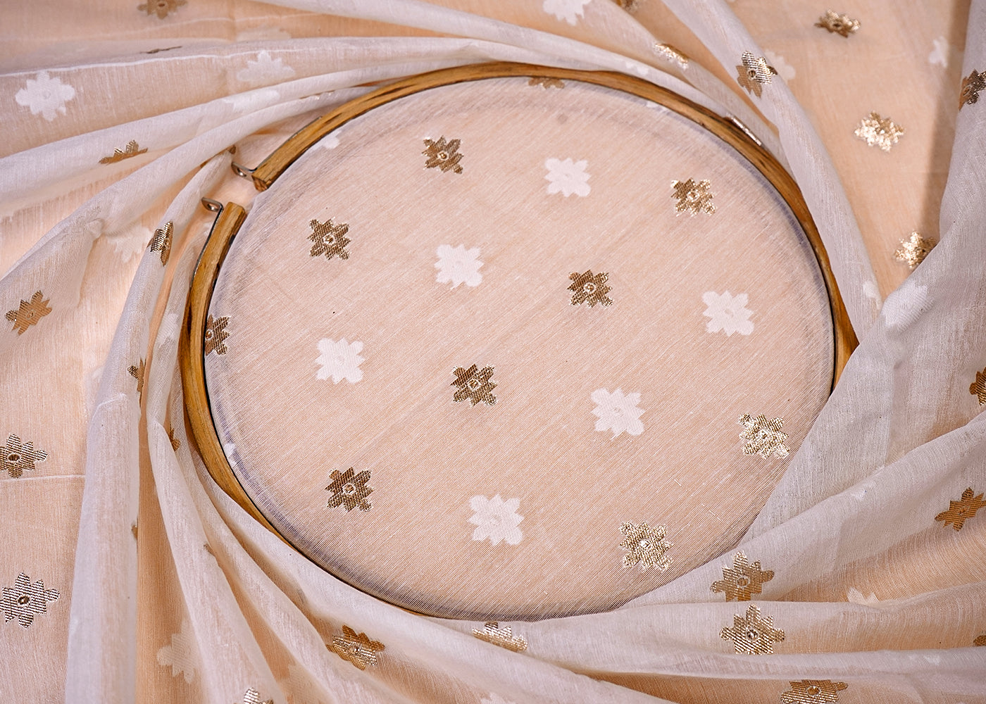 ( Pre-Cut 5.3 MTR) White Chanderi Fabric With All Over Zari Handloom   18109