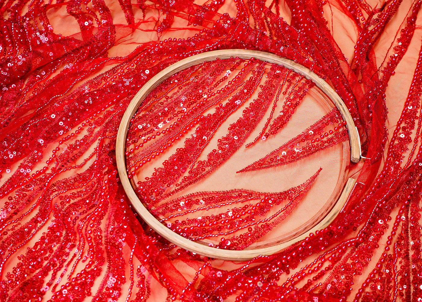 ( Pre-Cut 1 MTR) Red Imported Net Fabric With All Over Sequins, Bead And Thread Work 18112
