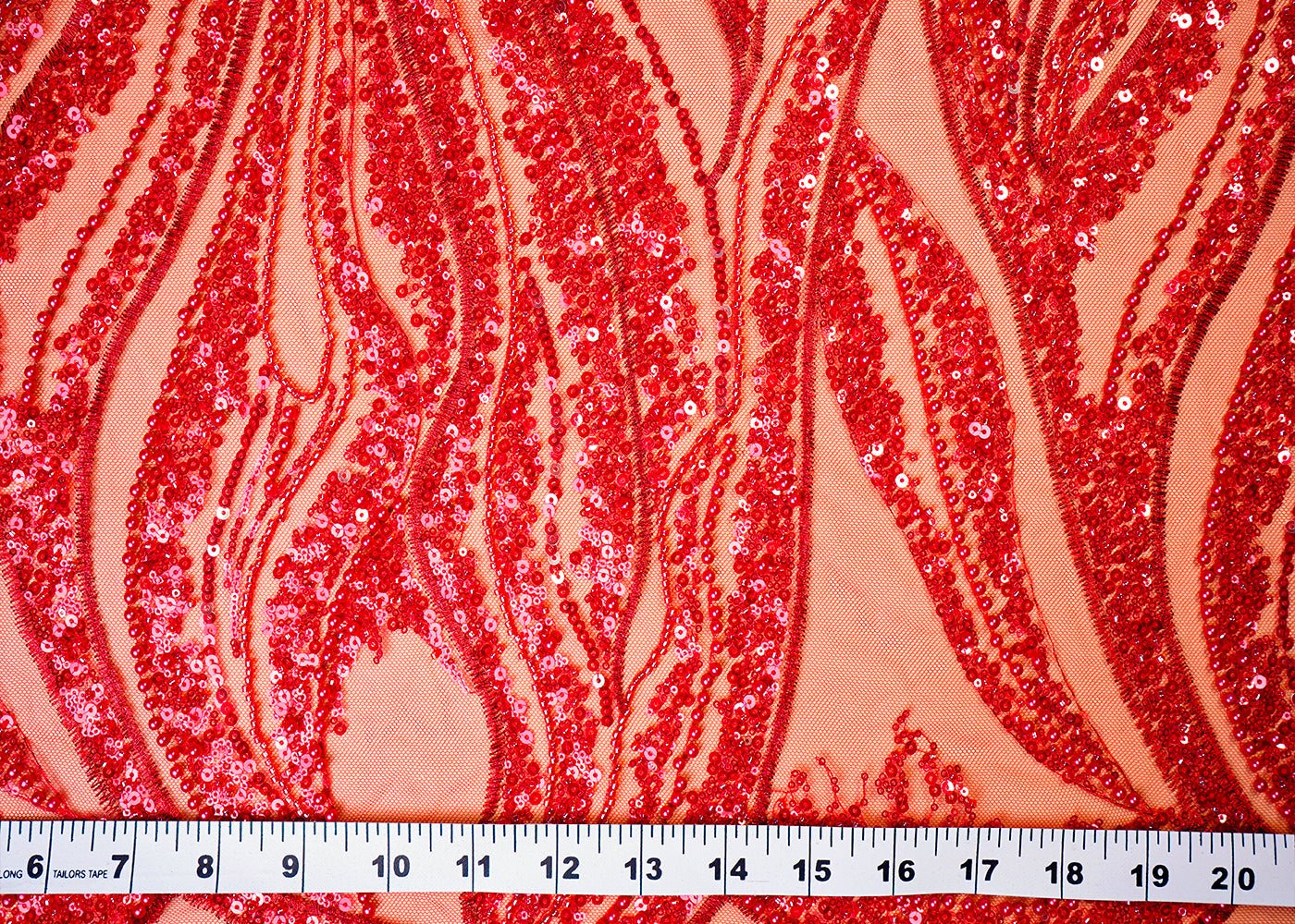 ( Pre-Cut 1 MTR) Red Imported Net Fabric With All Over Sequins, Bead And Thread Work 18112