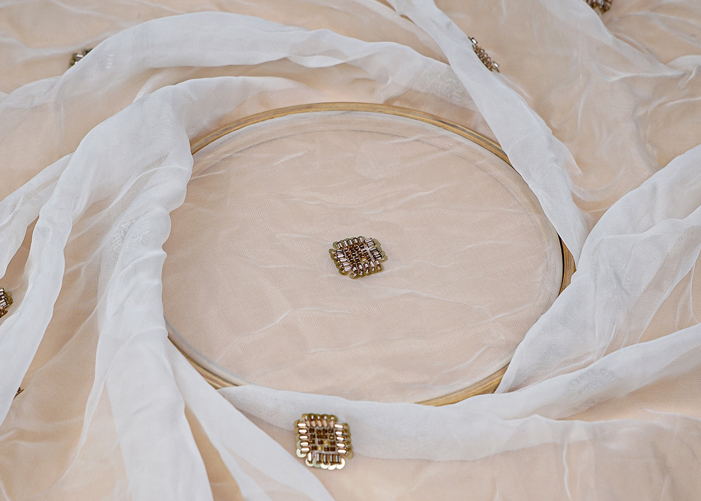 ( Pre-Cut 2.8 MTR) White Organza Fabric With All Over Katdana Sequins And Bead Work 18113