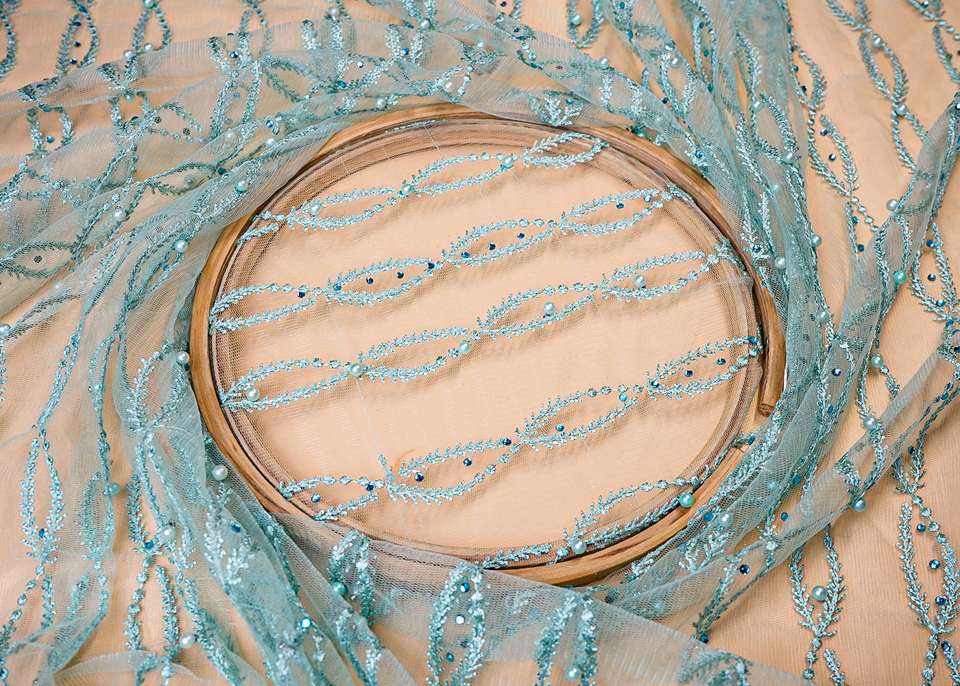 ( Pre-Cut 1.9 MTR) Sea Green Imported Net Fabric With All Over Thread And Sarwoski Work With One Side Heavy Border 18116
