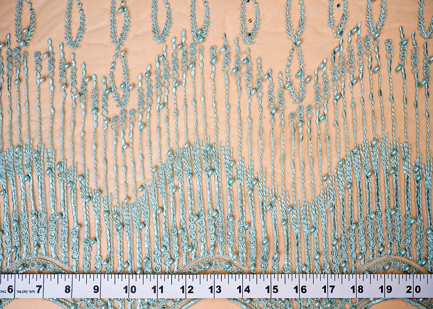 ( Pre-Cut 1.9 MTR) Sea Green Imported Net Fabric With All Over Thread And Sarwoski Work With One Side Heavy Border 18116