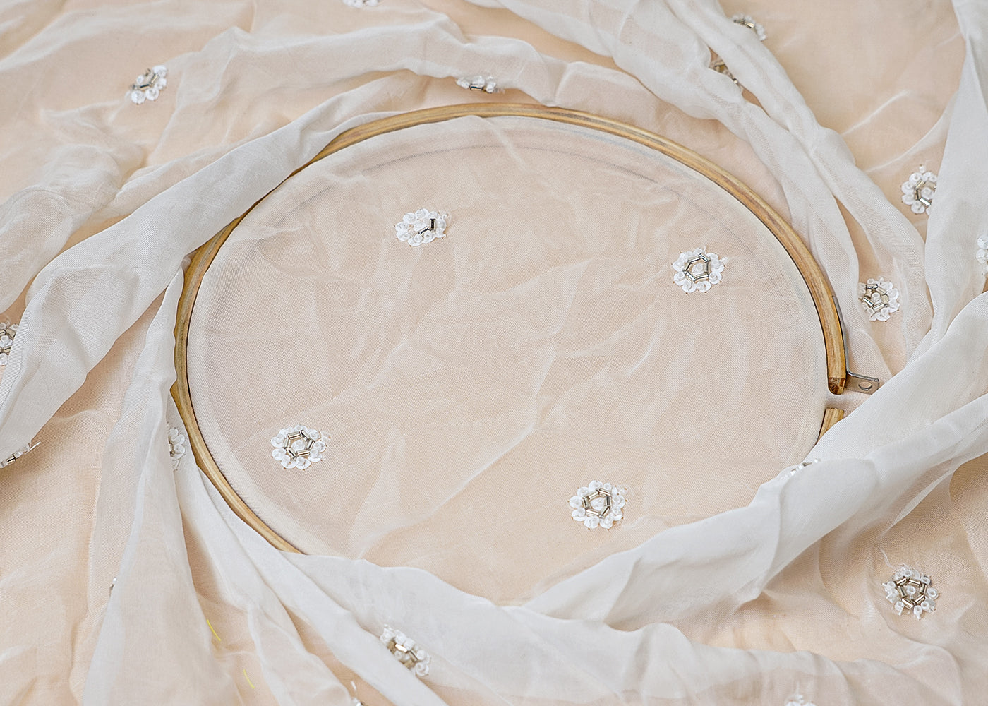 ( Pre-Cut 2.8 MTR) White Organza Fabric With All Over Sequins And Bead Work 18118