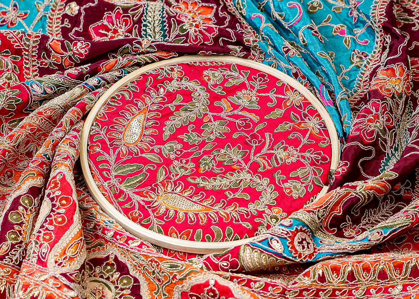 ( Pre-Cut 2.1 MTR) Light Blue Crepe Fabric With All Over Zari And Sequins Work With One Side Heavy Border 18120