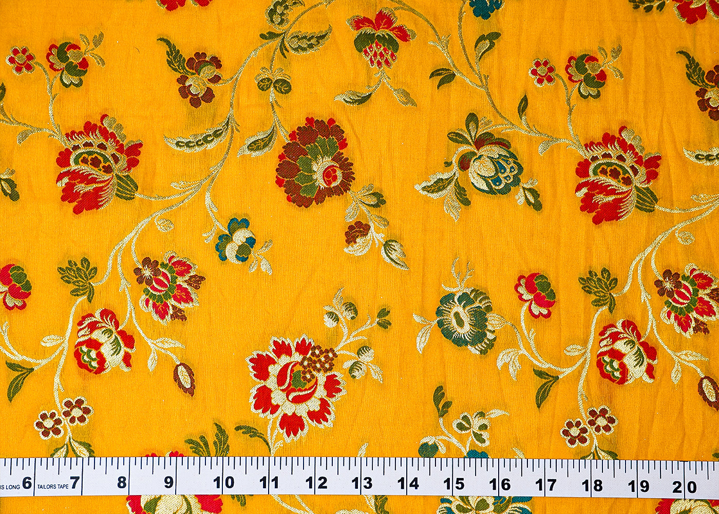 ( Pre-Cut 0.8 MTR) Yellow Banarasi Brocade Fabric With All Over Zari Handloom 18121