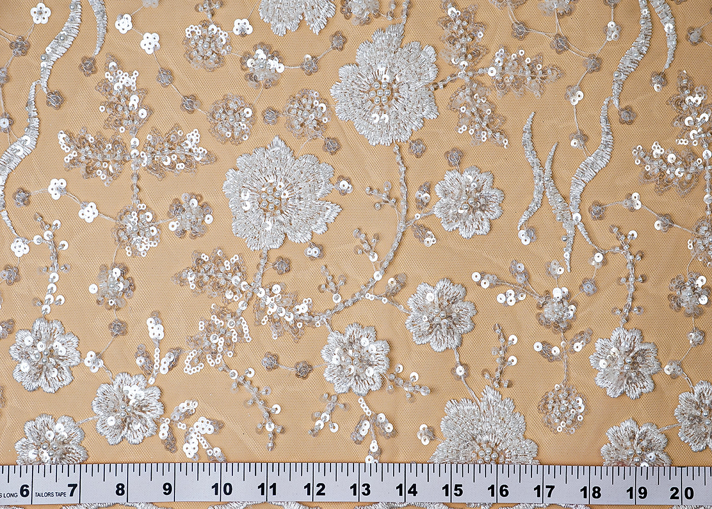 ( Pre-Cut 0.8 MTR) White Imported Net Fabric With All Over Thread, Sequins And Bead Work With One Side Scalloped Border 18122