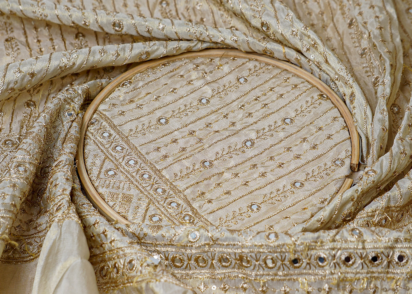 ( Pre-Cut 2 MTR) Golden Tissue Fabric With All Over Zari Sequins And Faux Mirror Work With One Side Heavy Border 18123