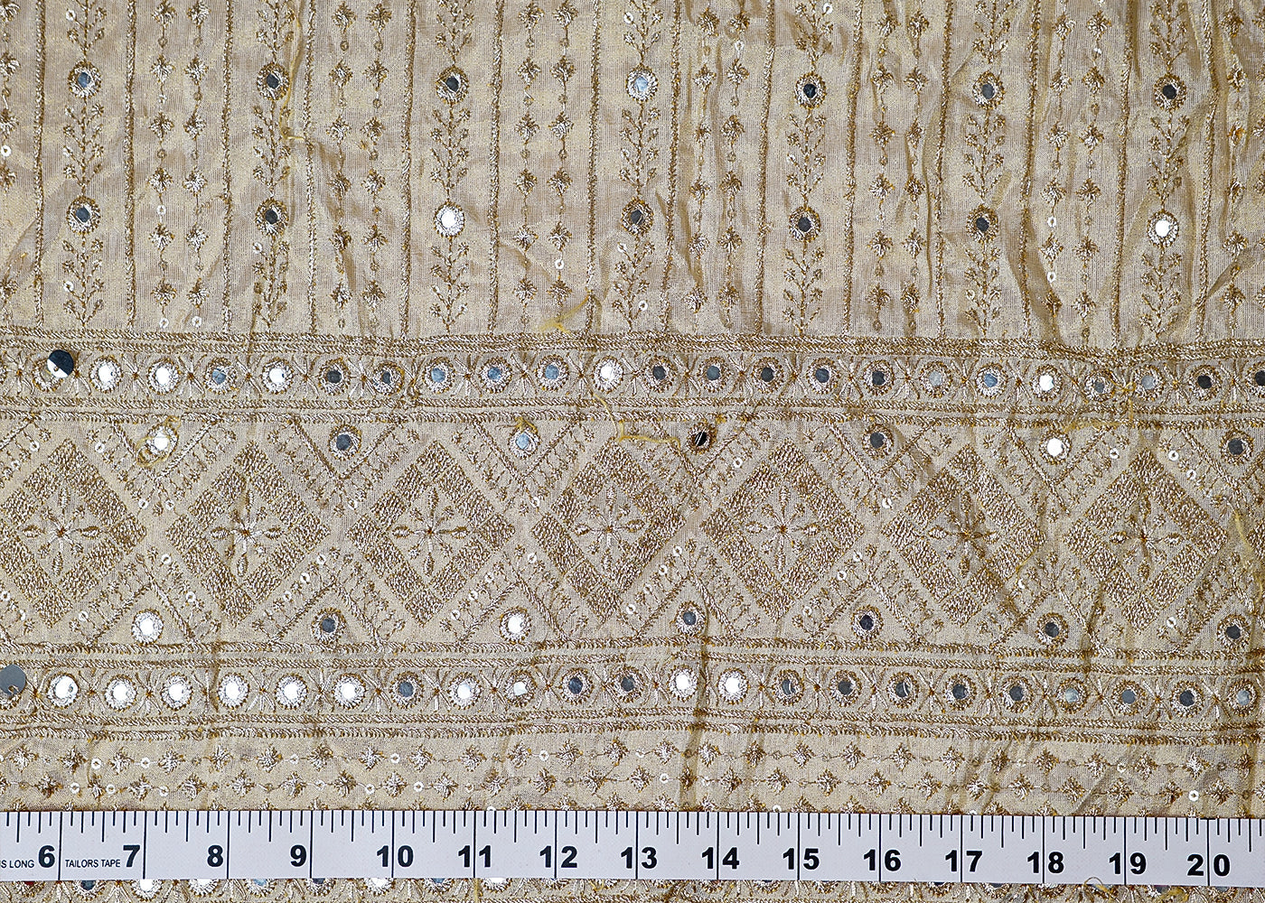 ( Pre-Cut 2 MTR) Golden Tissue Fabric With All Over Zari Sequins And Faux Mirror Work With One Side Heavy Border 18123