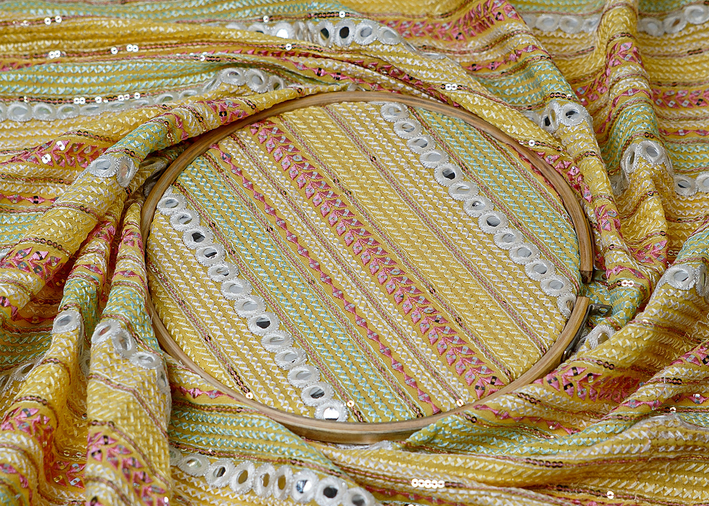 ( Pre-Cut 1.5 MTR) Yellow Georgette Fabric With All Over Thread Sequins And Faux Mirror Work 18124