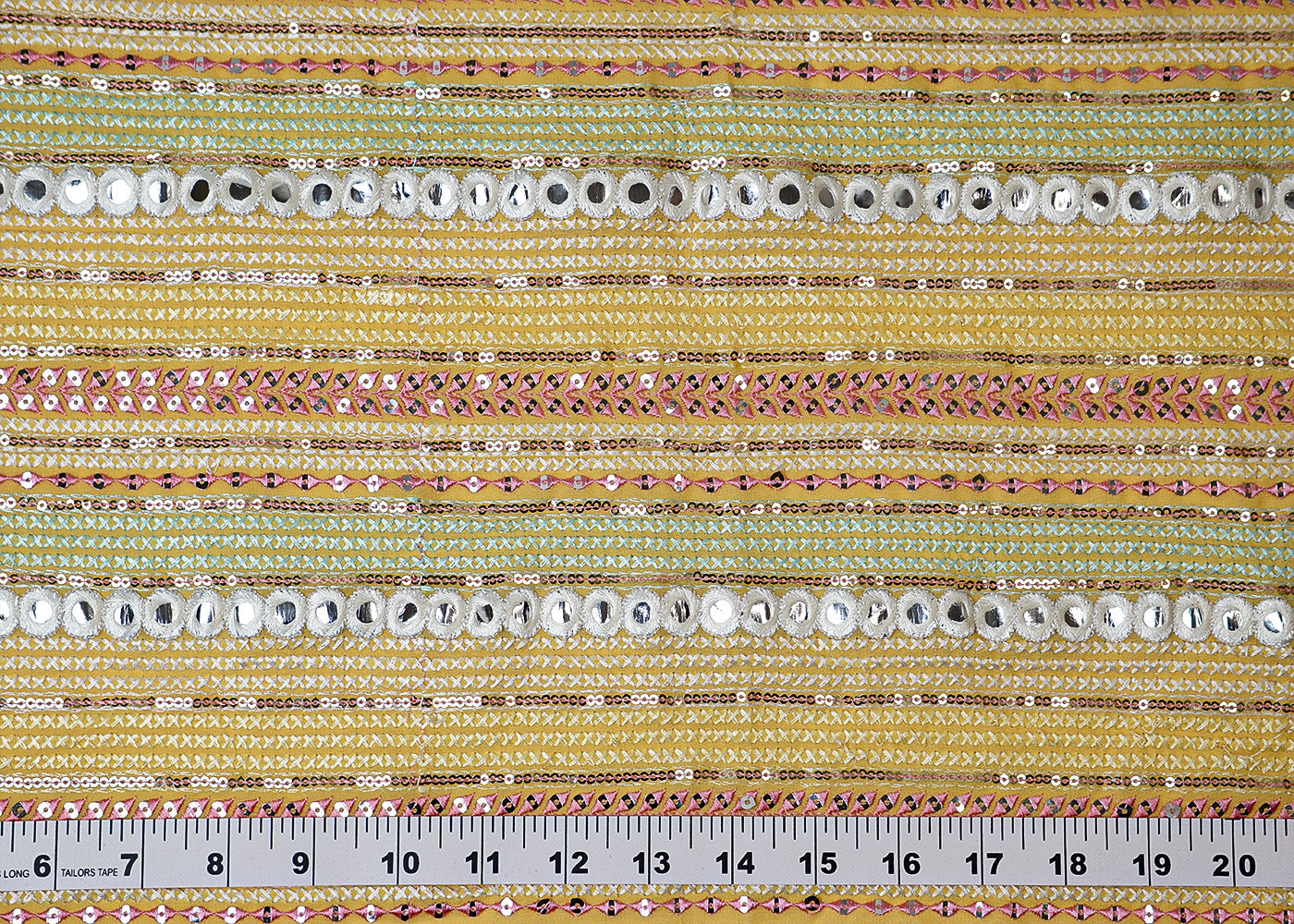 ( Pre-Cut 1.5 MTR) Yellow Georgette Fabric With All Over Thread Sequins And Faux Mirror Work 18124